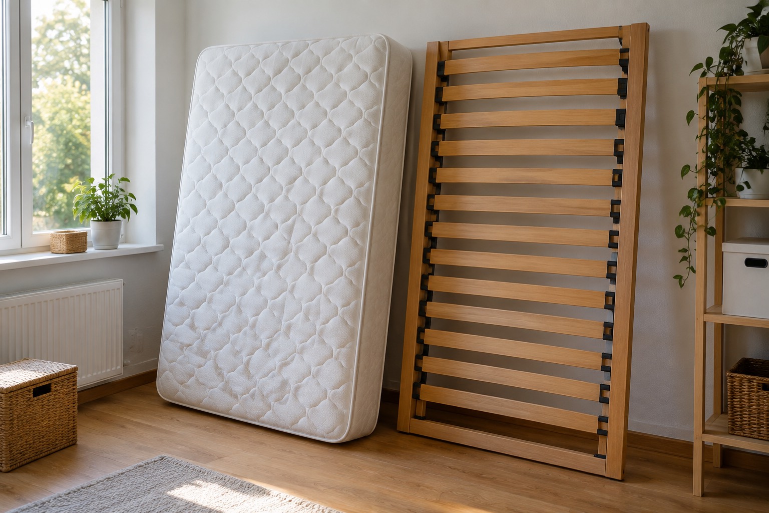 Matelas et sommier à lattes dans une pièce
