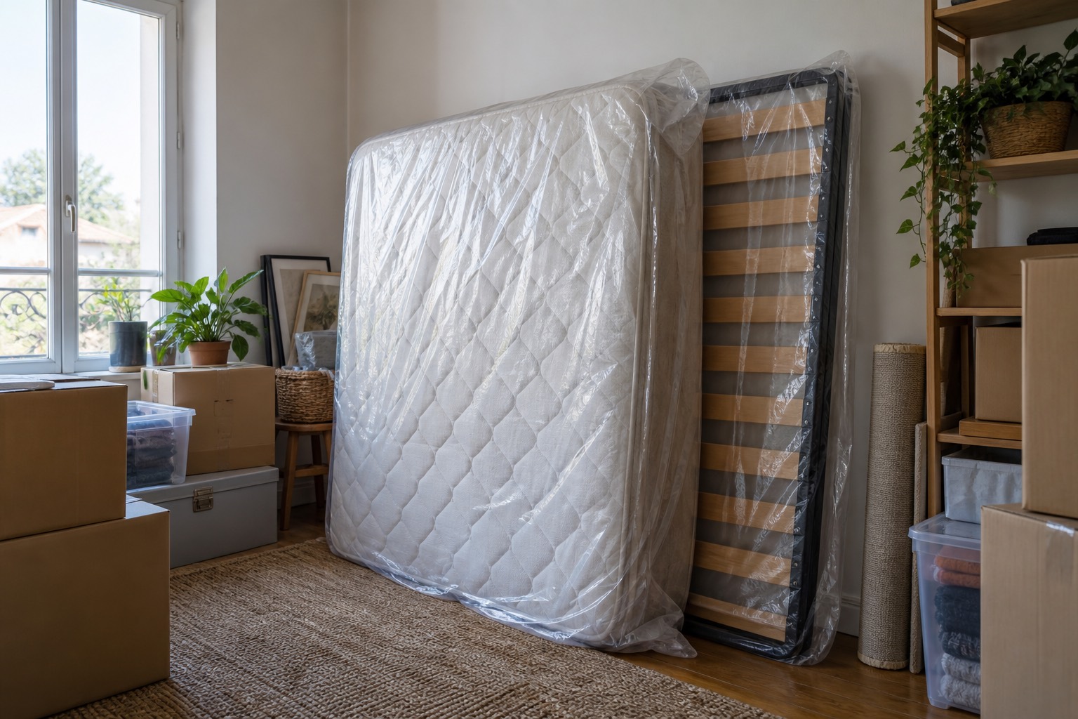 Matelas dans une housse de protection transparente